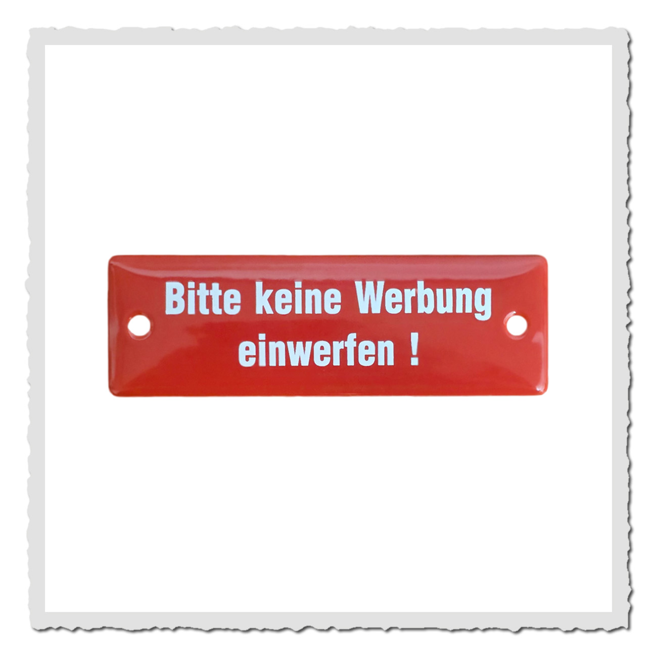 Emailleschild Bitte keine Werbung einwerfen in Rot mit weißer Schrift, klassisches kleines Retro-Hinweisschild